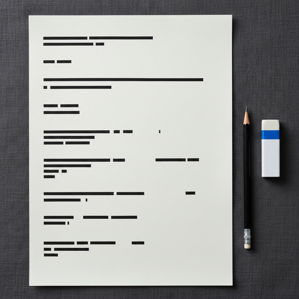 A close-up of a sheet of high-quality, off-white paper where short fragments of poetry have been printed in various fonts, then artfully redacted with neat black rectangles so no actual words remain legible. The paper rests on a charcoal-gray linen surface, with a graphite pencil and a slim eraser nearby. Overhead, soft studio lighting creates gentle, even illumination, highlighting the texture of the paper and the contrast between light and dark blocks. Photographic realism, top-down composition with sharp focus throughout, suggesting analysis, revision, and the structure of language without displaying real text—perfect for articles exploring the mechanics of poetic form and interpretation.